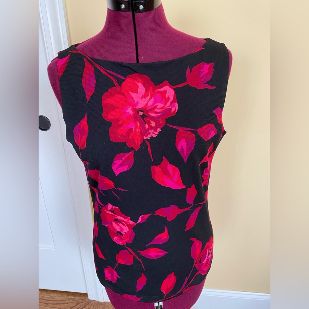 INC Concept Sleeveless Floral Black and Red Roses Top Blouse, size M